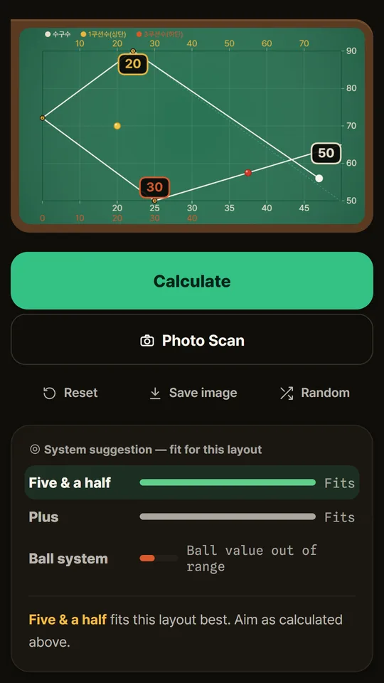 Three-cushion system screen with system numbers 20, 30 and 50 on the rails and a recommendation for Five & Half