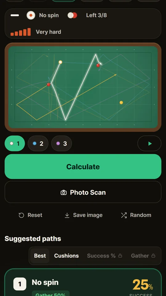 Four-ball path screen with the cue ball path on the table and a suggested-path card with its success rate