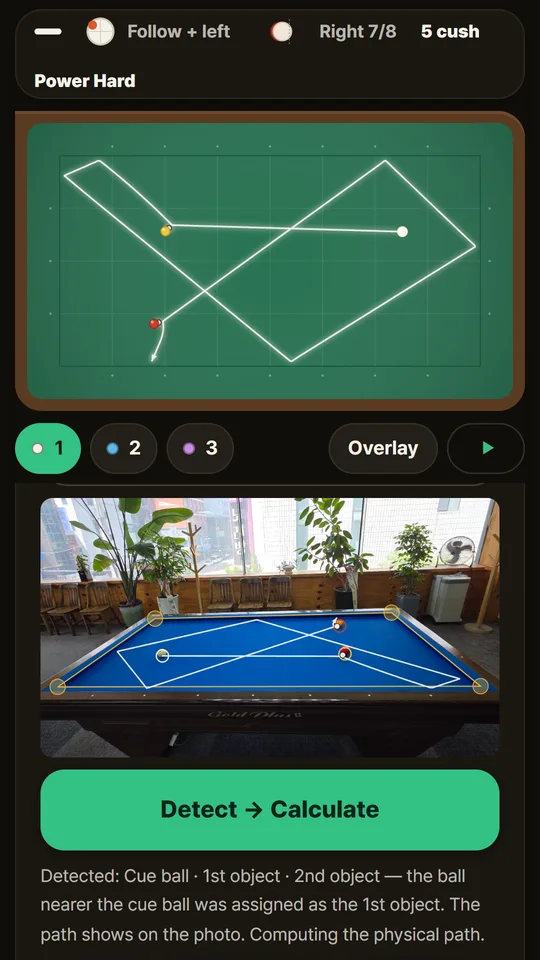 Photo recognition screen: a three-cushion path on the table diagram, and the same path over the real photo