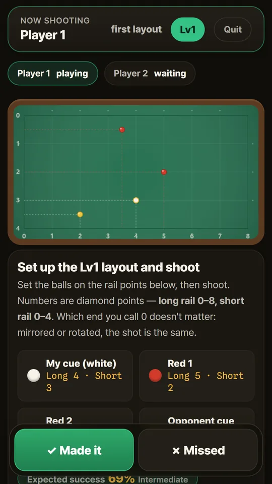 Game mode screen with a level-1 layout given in diamond coordinates and success / miss buttons