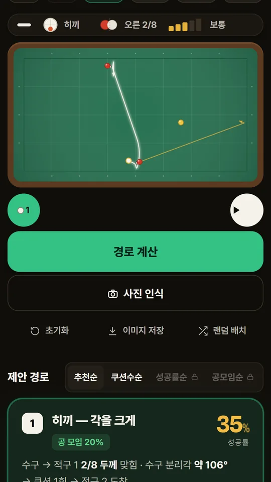 4구 경로 화면 — 당구대에 수구 경로가 그려지고 아래 카드에 성공률 35%, 공 모임 20%가 표시됨